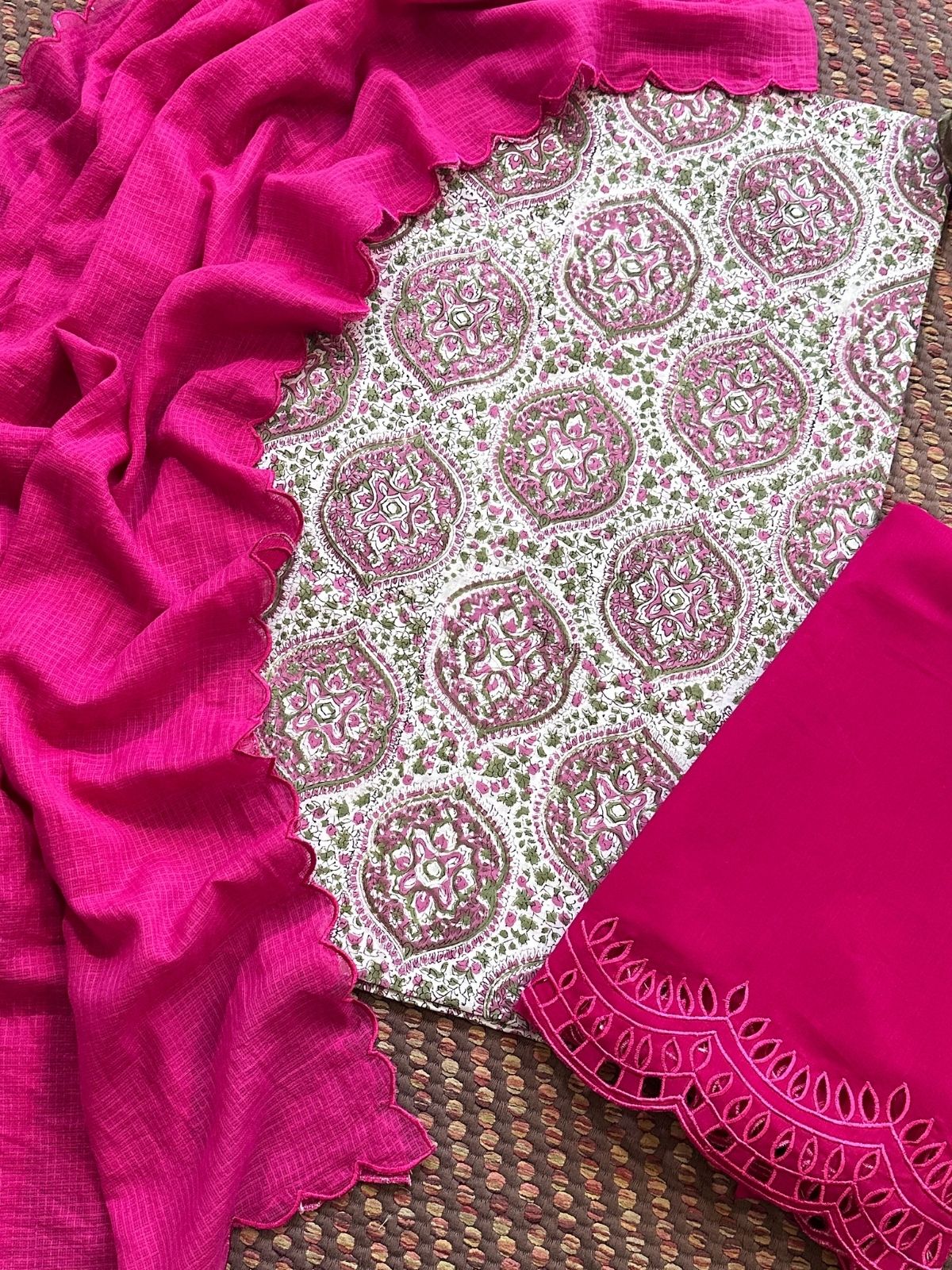 Pure Cotton Hand-blocked Fabric with Cutwork Bottom & Kota Doria Dupatta